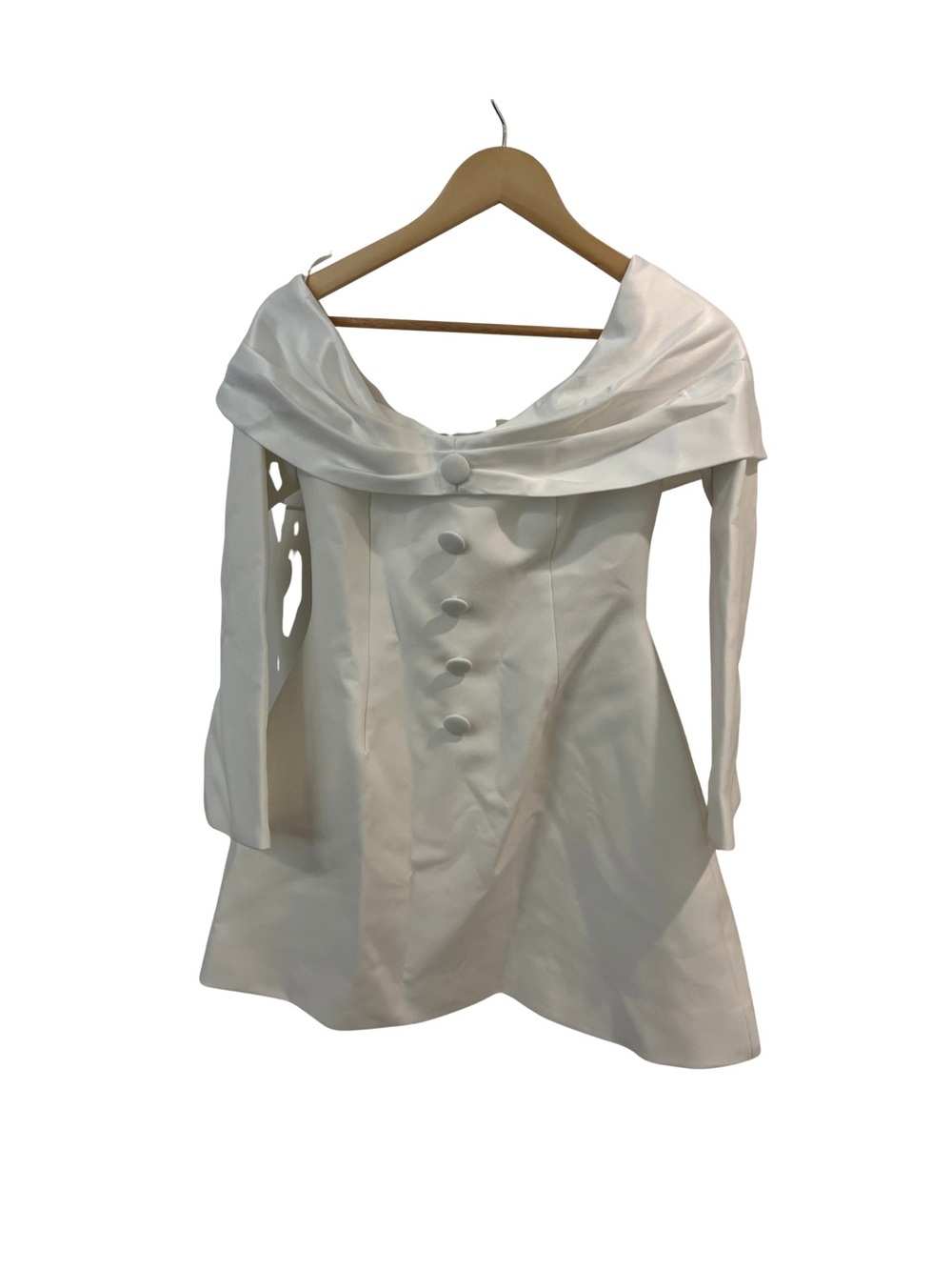 Off-Shoulder White Mini Bow Dress with Decorative Buttons